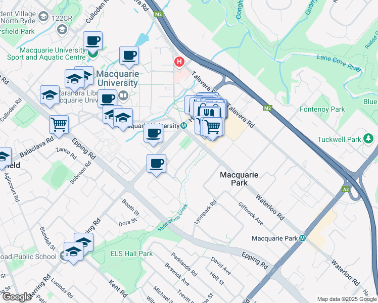 map of restaurants, bars, coffee shops, grocery stores, and more near 15 Cottonwood Crescent in Macquarie Park