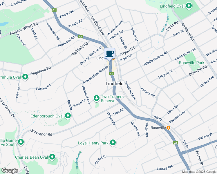 map of restaurants, bars, coffee shops, grocery stores, and more near 3 Gladstone Parade in Lindfield