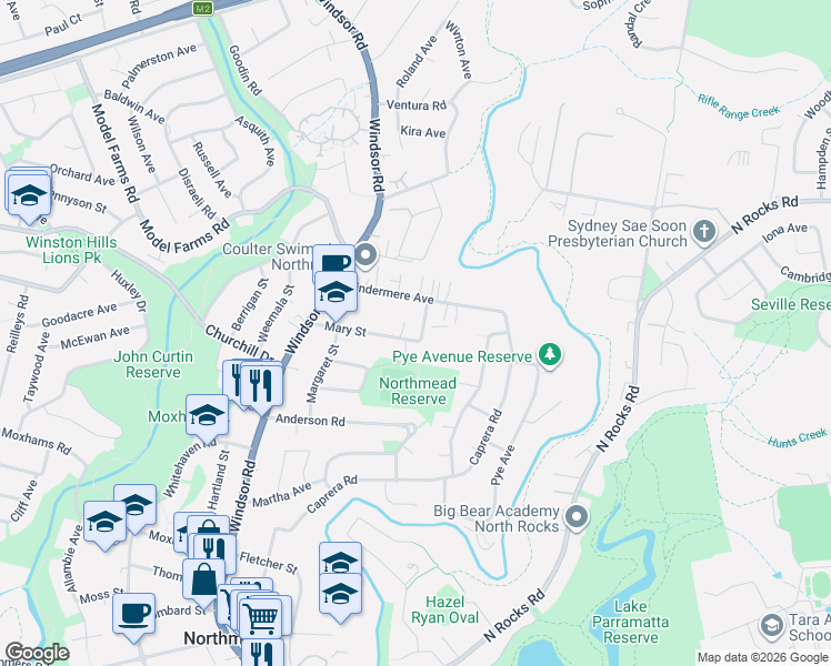 map of restaurants, bars, coffee shops, grocery stores, and more near 29 Mary Street in Northmead
