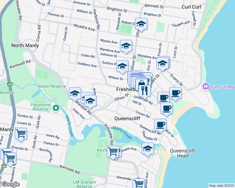 map of restaurants, bars, coffee shops, grocery stores, and more near 32 Cavill Street in Freshwater