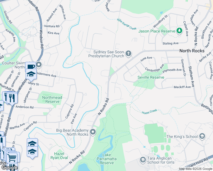 map of restaurants, bars, coffee shops, grocery stores, and more near 205A-207 North Rocks Road in North Rocks