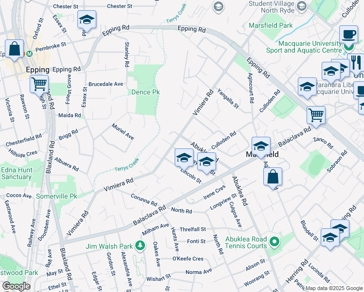 map of restaurants, bars, coffee shops, grocery stores, and more near 112 Vimiera Road in Eastwood