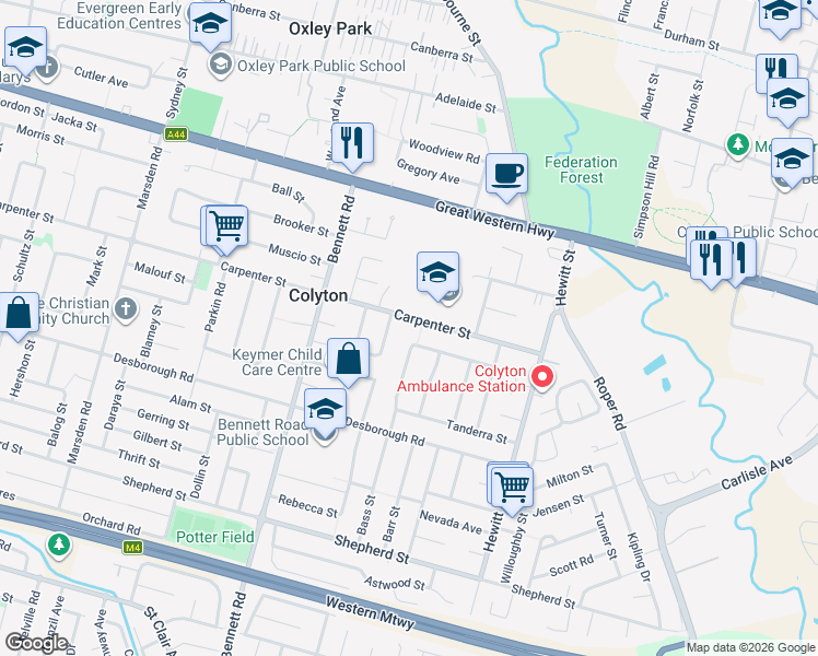 map of restaurants, bars, coffee shops, grocery stores, and more near 60 Carpenter Street in Colyton