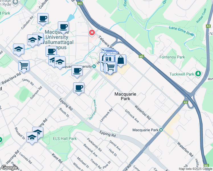 map of restaurants, bars, coffee shops, grocery stores, and more near 82 Waterloo Road in Macquarie Park