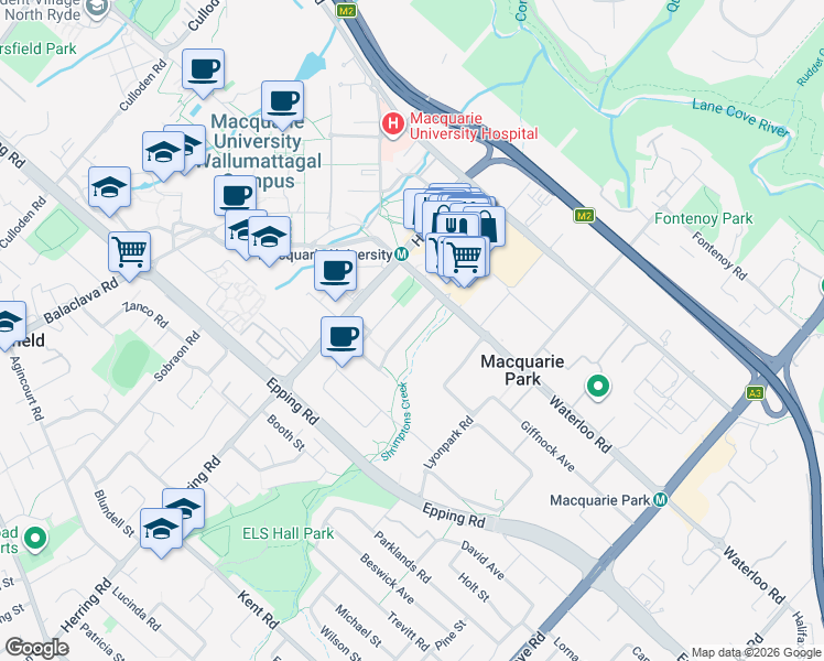 map of restaurants, bars, coffee shops, grocery stores, and more near 2 Cottonwood Crescent in Macquarie Park
