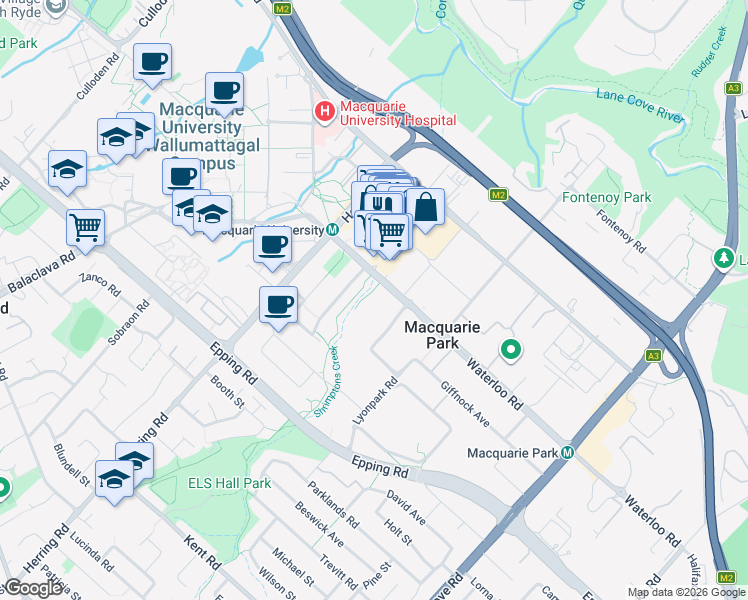 map of restaurants, bars, coffee shops, grocery stores, and more near 82 Waterloo Road in Macquarie Park
