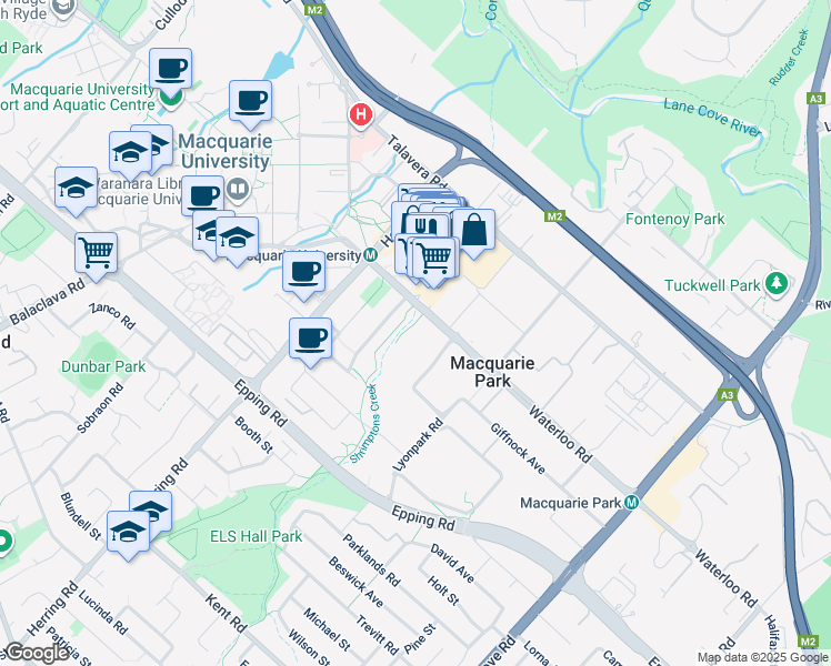 map of restaurants, bars, coffee shops, grocery stores, and more near 82 Waterloo Road in Macquarie Park