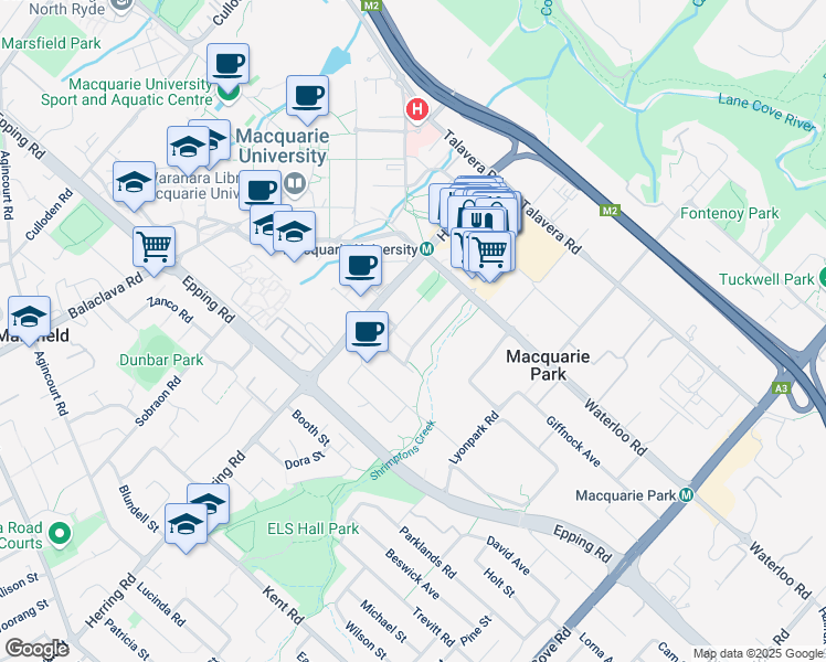 map of restaurants, bars, coffee shops, grocery stores, and more near 5 Cottonwood Crescent in Macquarie Park