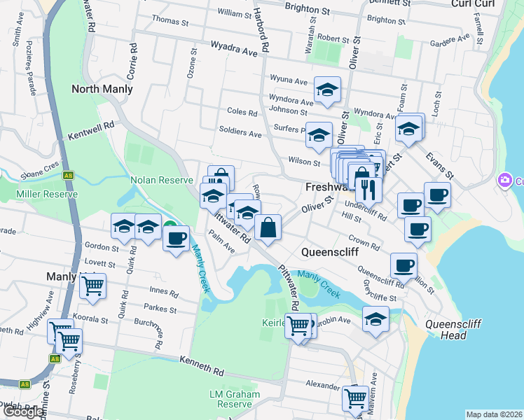 map of restaurants, bars, coffee shops, grocery stores, and more near 9 Rowe Street in Freshwater