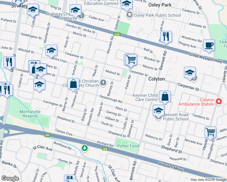 map of restaurants, bars, coffee shops, grocery stores, and more near 1 Wootten Street in Colyton