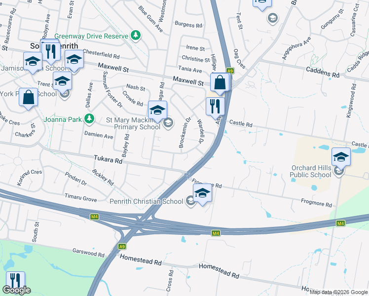 map of restaurants, bars, coffee shops, grocery stores, and more near 30 Brockamin Drive in South Penrith