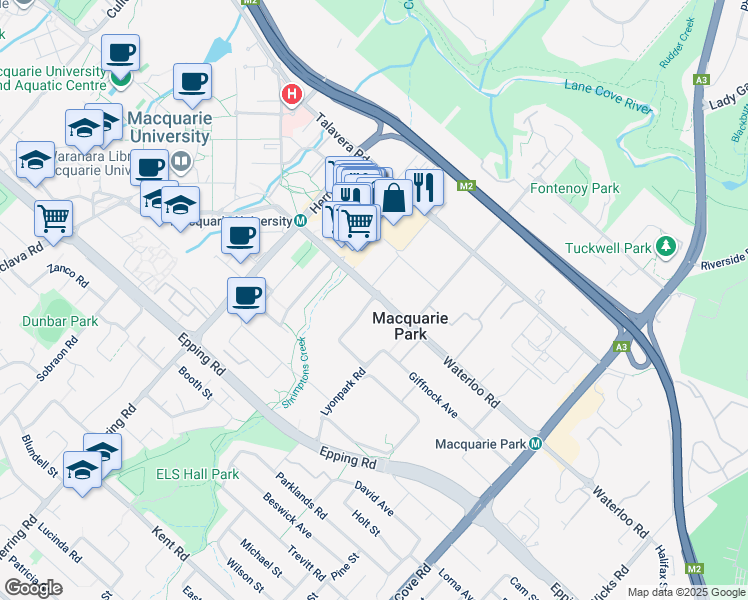 map of restaurants, bars, coffee shops, grocery stores, and more near 78 Waterloo Road in Macquarie Park
