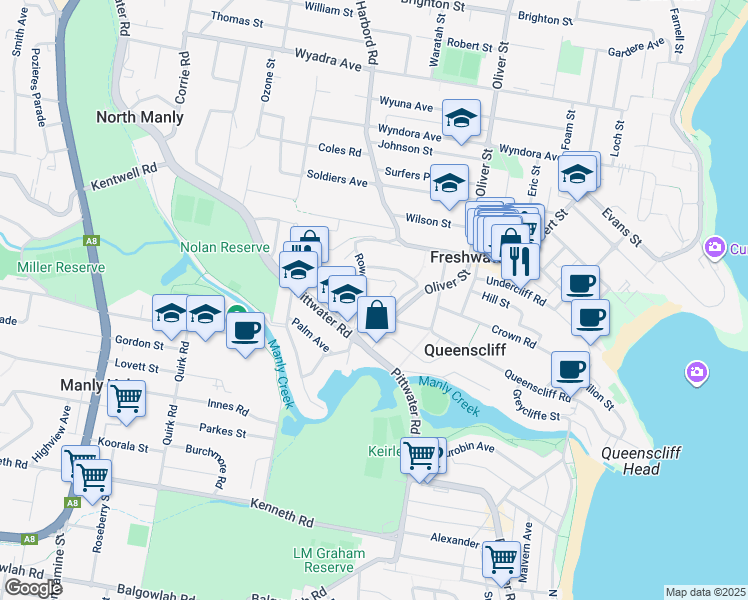 map of restaurants, bars, coffee shops, grocery stores, and more near 47 Palomar Parade in Freshwater