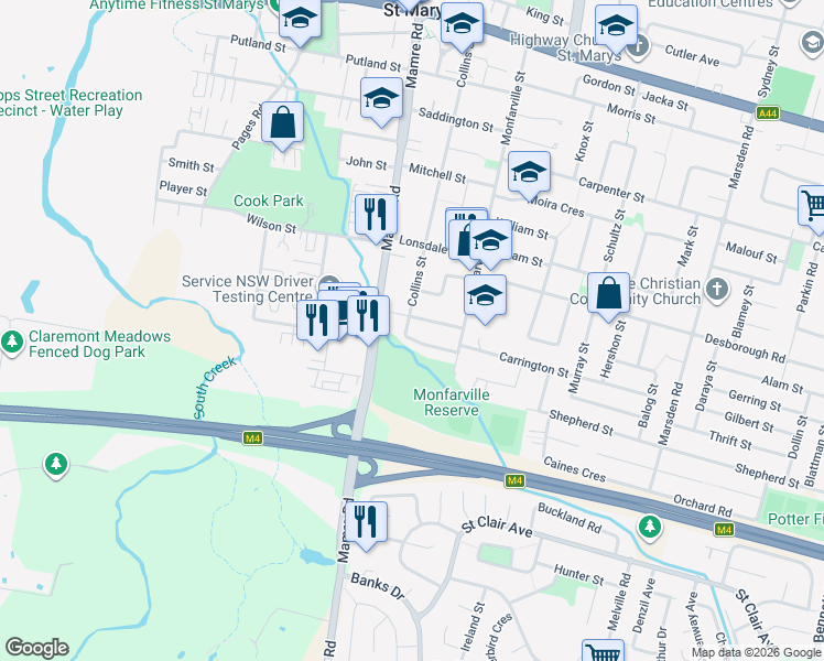 map of restaurants, bars, coffee shops, grocery stores, and more near 15 Chilaw Avenue in Saint Marys