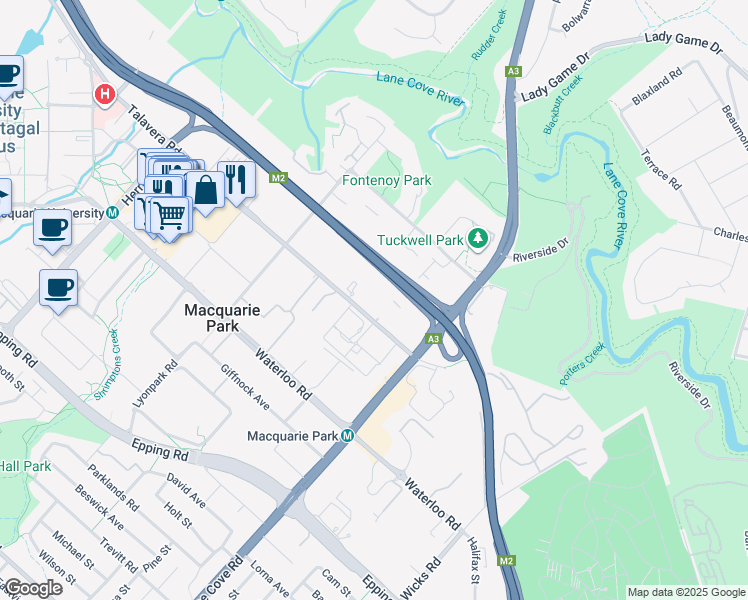 map of restaurants, bars, coffee shops, grocery stores, and more near 12-24 Talavera Road in Macquarie Park