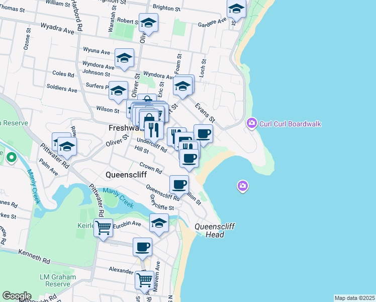map of restaurants, bars, coffee shops, grocery stores, and more near 30 Moore Road in Freshwater