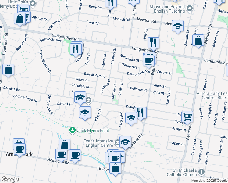 map of restaurants, bars, coffee shops, grocery stores, and more near Sullivan Street in Blacktown