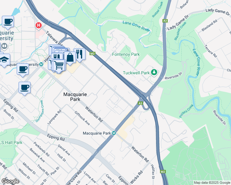 map of restaurants, bars, coffee shops, grocery stores, and more near 12-24 Talavera Road in Macquarie Park