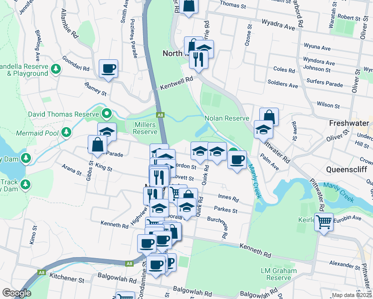 map of restaurants, bars, coffee shops, grocery stores, and more near 8 Campbell Parade in Manly Vale