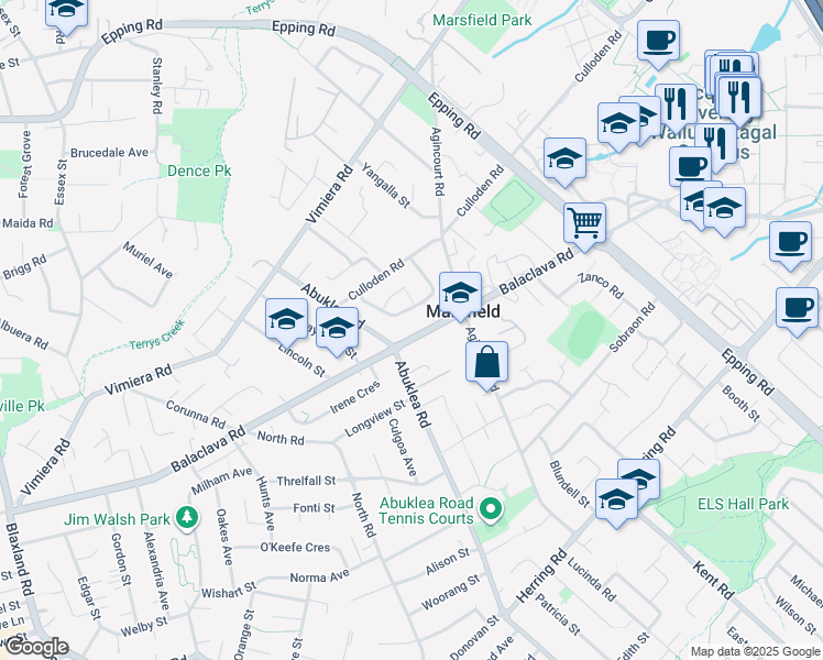 map of restaurants, bars, coffee shops, grocery stores, and more near 122 Balaclava Road in Marsfield