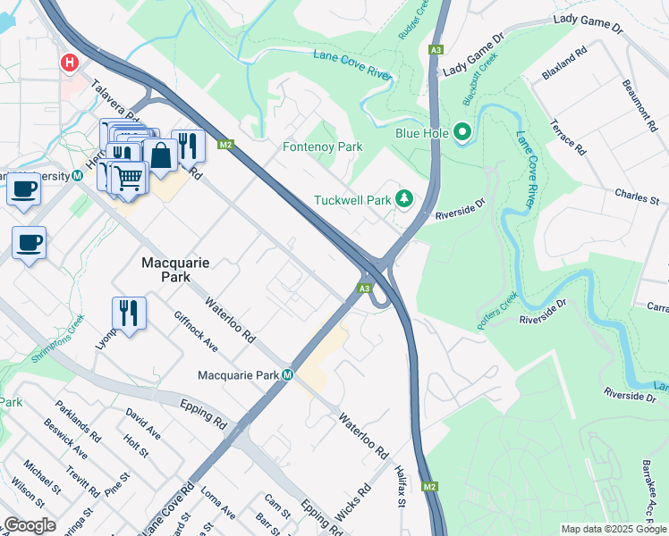 map of restaurants, bars, coffee shops, grocery stores, and more near 6-10 Talavera Road in Macquarie Park