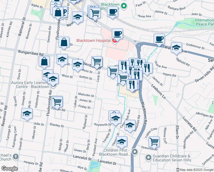 map of restaurants, bars, coffee shops, grocery stores, and more near 12 Sinclair Avenue in Blacktown