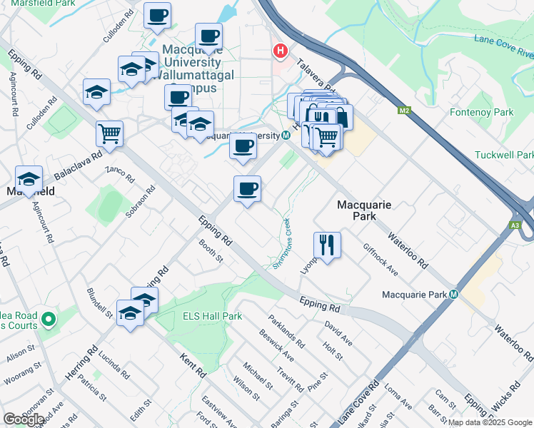 map of restaurants, bars, coffee shops, grocery stores, and more near 5 Peach Tree Road in Macquarie Park