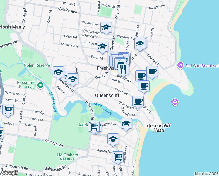 map of restaurants, bars, coffee shops, grocery stores, and more near 96 Crown Road in Queenscliff