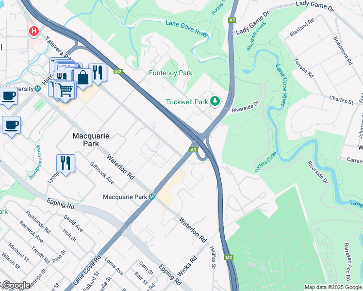 map of restaurants, bars, coffee shops, grocery stores, and more near 4 Talavera Road in Macquarie Park