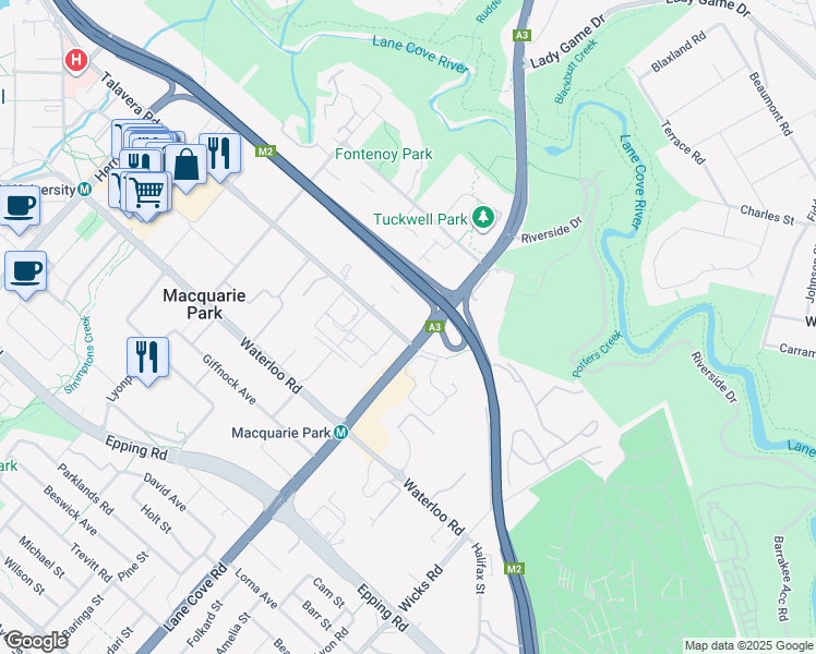 map of restaurants, bars, coffee shops, grocery stores, and more near 4 Talavera Road in Macquarie Park