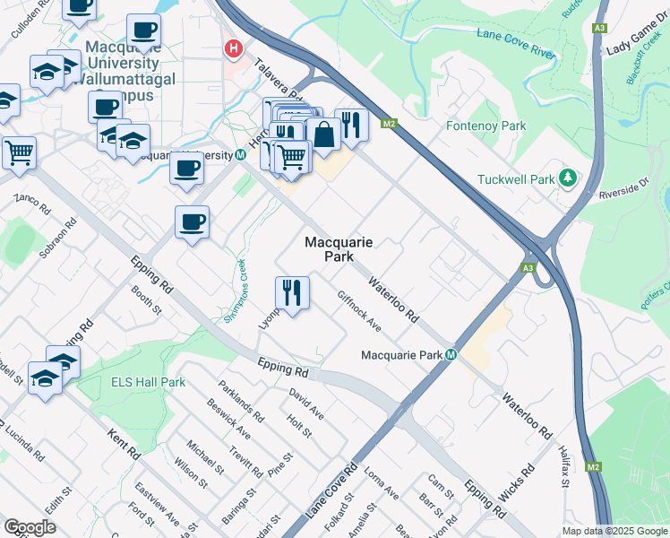 map of restaurants, bars, coffee shops, grocery stores, and more near 66 Waterloo Road in Macquarie Park