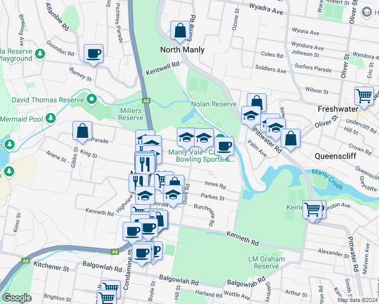 map of restaurants, bars, coffee shops, grocery stores, and more near 30-34 Gordon Street in Manly Vale