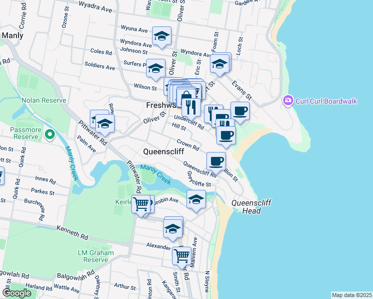map of restaurants, bars, coffee shops, grocery stores, and more near 64 Crown Road in Queenscliff