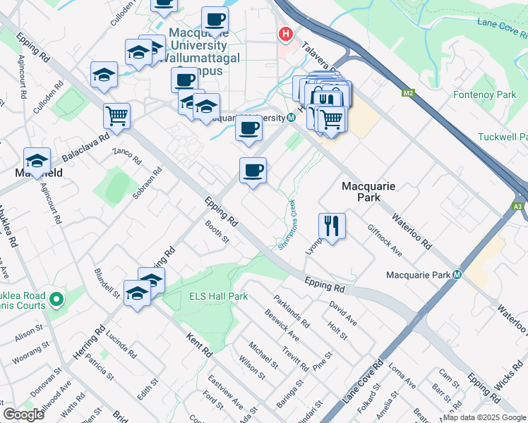 map of restaurants, bars, coffee shops, grocery stores, and more near 2 Mahogany Avenue in Macquarie Park