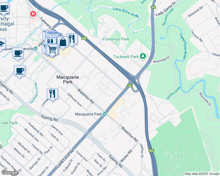 map of restaurants, bars, coffee shops, grocery stores, and more near 11 Talavera Road in Macquarie Park