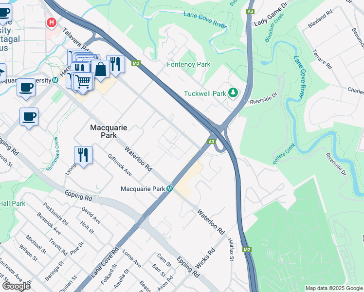 map of restaurants, bars, coffee shops, grocery stores, and more near 11 Talavera Road in Macquarie Park