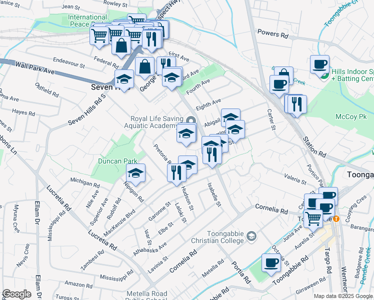 map of restaurants, bars, coffee shops, grocery stores, and more near 56 Best Road in Seven Hills