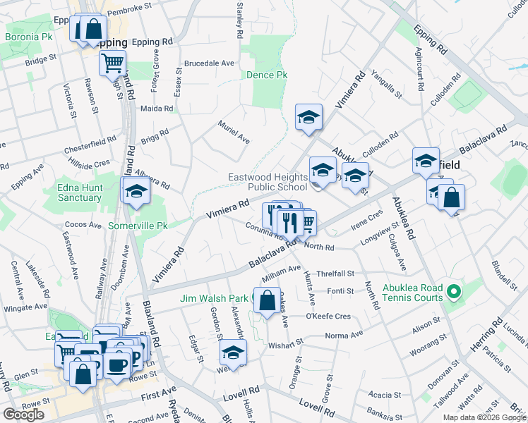 map of restaurants, bars, coffee shops, grocery stores, and more near 5 Erina Street in Eastwood