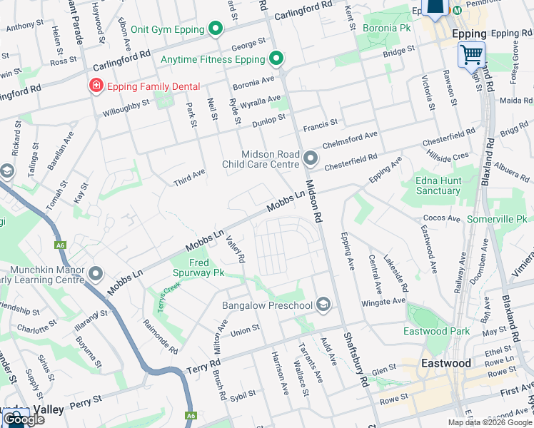 map of restaurants, bars, coffee shops, grocery stores, and more near 70 Mobbs Lane in Eastwood