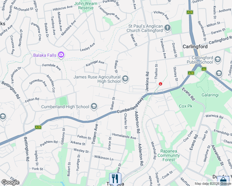 map of restaurants, bars, coffee shops, grocery stores, and more near 19 Baker Street in Carlingford