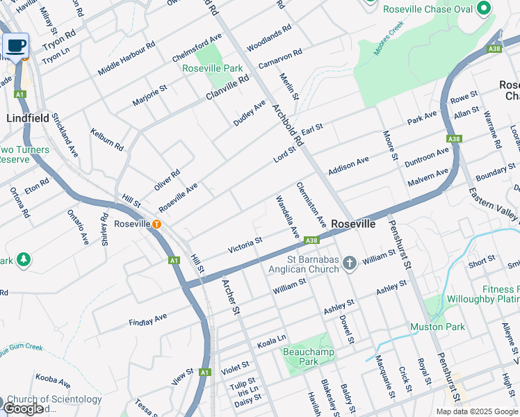 map of restaurants, bars, coffee shops, grocery stores, and more near 43 Bancroft Avenue in Roseville