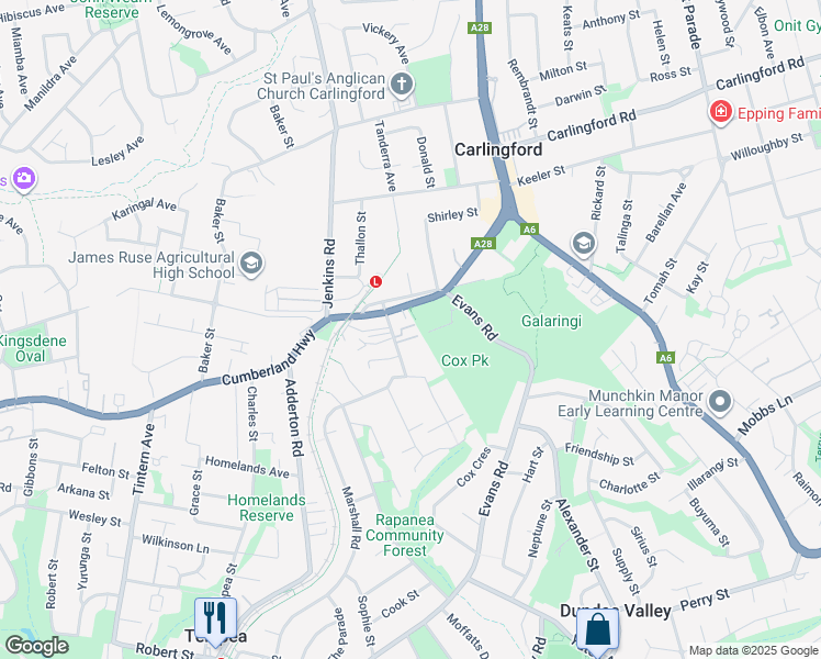 map of restaurants, bars, coffee shops, grocery stores, and more near 2 Coleman Avenue in Carlingford