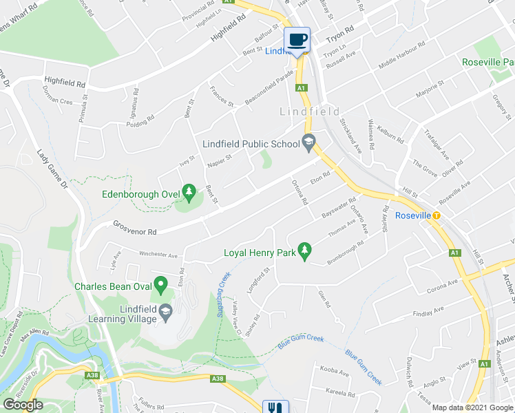 map of restaurants, bars, coffee shops, grocery stores, and more near 37 Eton Road in Lindfield