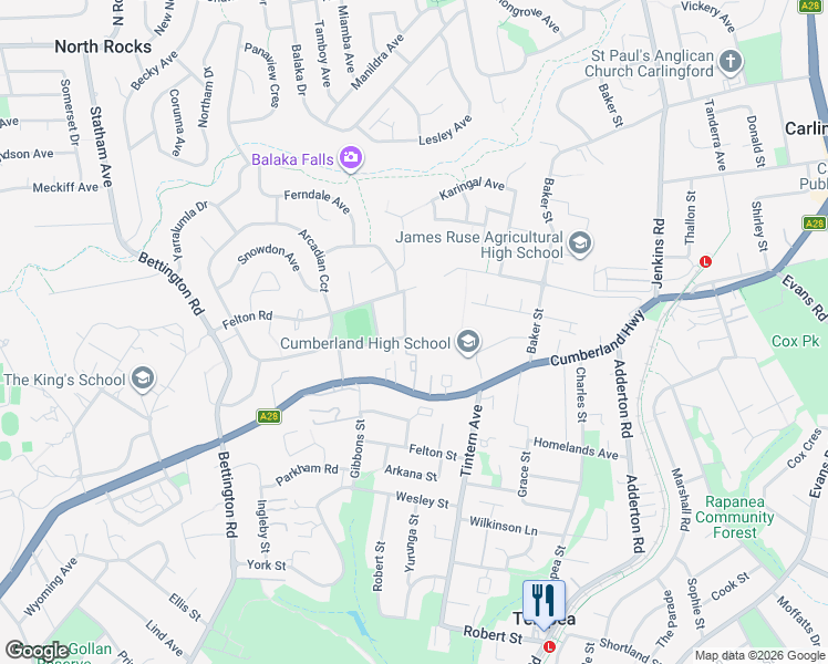 map of restaurants, bars, coffee shops, grocery stores, and more near 39 Sandringham Drive in Carlingford