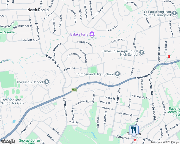 map of restaurants, bars, coffee shops, grocery stores, and more near 98 Felton Road in Carlingford