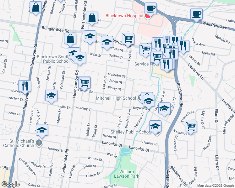 map of restaurants, bars, coffee shops, grocery stores, and more near 61 Fullam Road in Blacktown