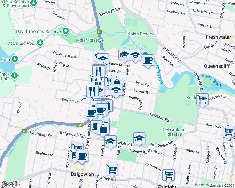 map of restaurants, bars, coffee shops, grocery stores, and more near 20-24 Koorala Street in Manly Vale