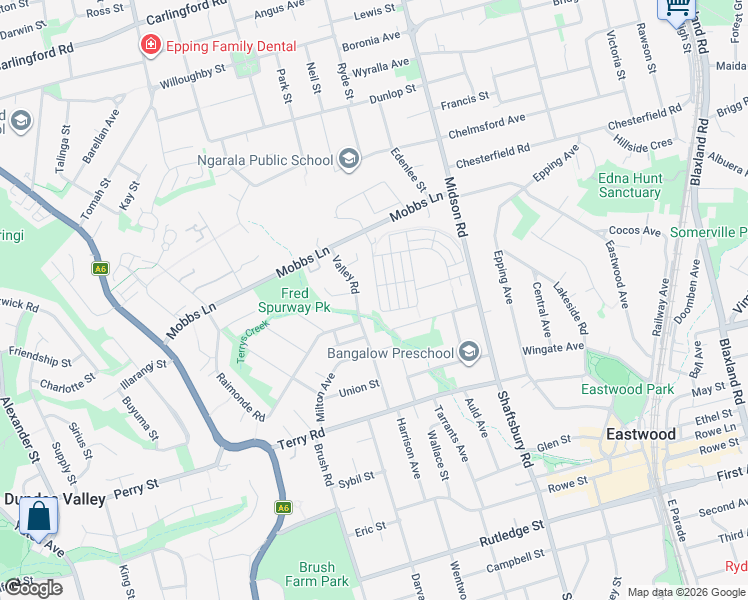 map of restaurants, bars, coffee shops, grocery stores, and more near 24 Birchgrove Crescent in Eastwood
