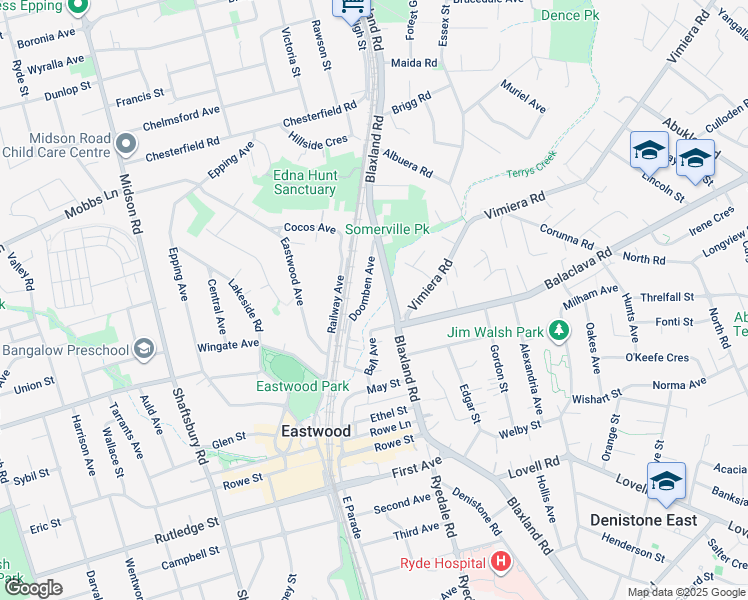 map of restaurants, bars, coffee shops, grocery stores, and more near 21 Doomben Avenue in Eastwood
