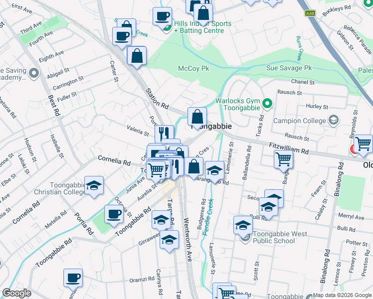 map of restaurants, bars, coffee shops, grocery stores, and more near 509 Wentworth Avenue in Toongabbie